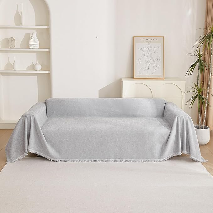 MYSKY HOME Light Gery Chenille Sofa Cover for Dogs Cats Tassel Edge Couch Cover Furniture Protectors for Pets Universal Couch Cover Thick Durable Sectional Couch Covers for 3 Cushion Couch, 91"x 134"