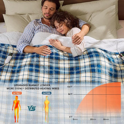 Electric Heated Blanket King Size, 90X100 Heating Blanket King With Dual Control&10 Heats Levels&Timer For Bed,Large Navy Blue Plaid Sherpa Blankets Warmer Gifts for Grandma Women Adults, Washable