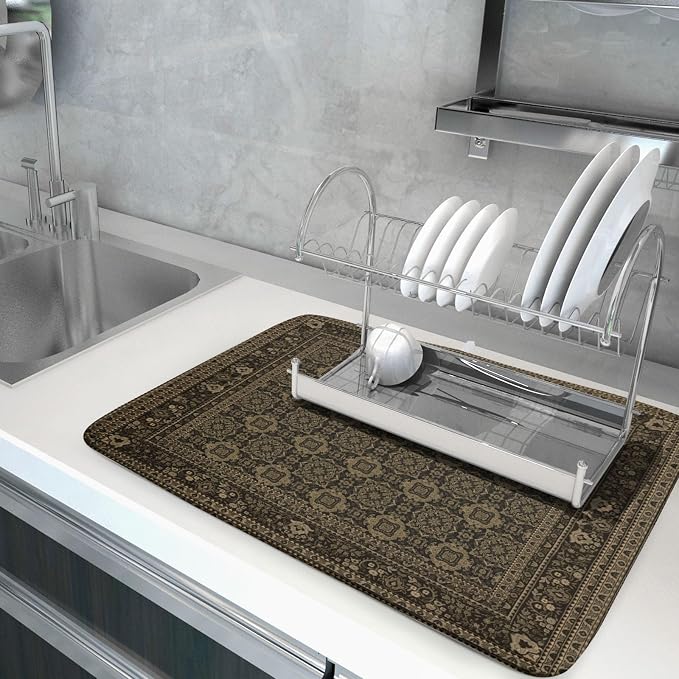 Brown Antique Tabriz Rug Dish Drying Mat - Image 5
