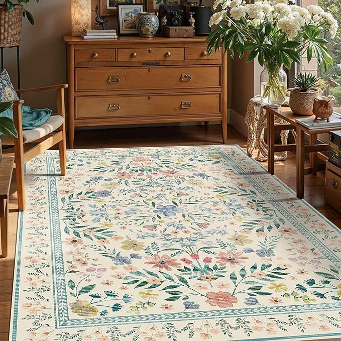 Floral Rug for Living Room Bedroom, 4x6 Washable Rug, Large Non Slip Low Pile by Rugxara