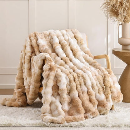 Smoofy Faux Fur Throw Blanket for Couch – Tie-dye Camel Fluffy Cozy Rabbit Fleece, Plush Soft Bubble Blanket for Sofa & Bed, for Mom, Warm Fuzzy Home Room Decor Throw 60" x 80"