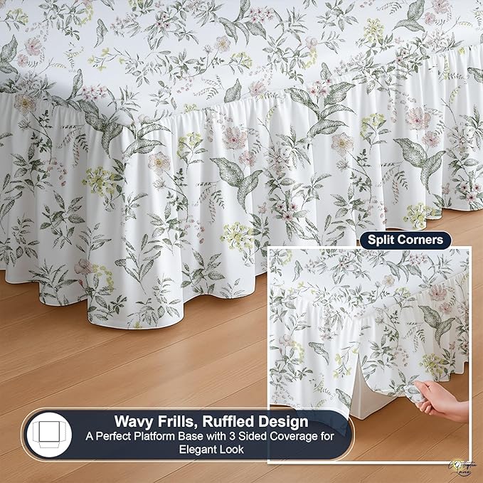 Cottington Lane Ruffled Bed Skirt Queen Size with Split Corner, Brushed Microfiber Hotel Quality Dust Ruffle, 24 Inch Drop Gathered Bedskirt, Soft, Stylish, Shrink & Fade Resistant, Morning Petals