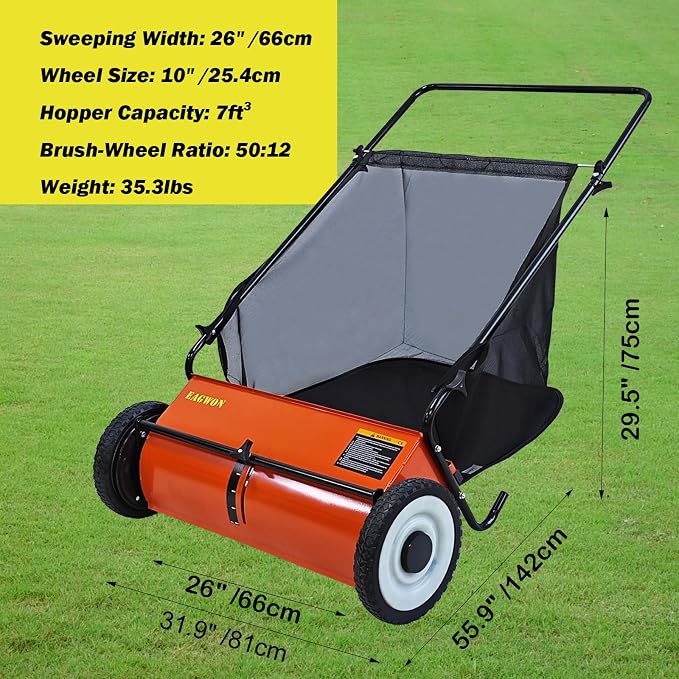 Push Lawn Sweeper, 26-Inch Width, 7 Cu. Ft. Hopper Capacity, 4 Spinning Brushes - Image 4