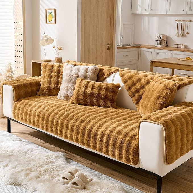 Faux Fur Couch Cover Fuzzy Soft Plush Thick Bubble Sofa Cover Luxury Sectional Couch Covers Luxury Anti-Slip Sofa Slipcover Washable Furniture Protector (Brown Yellow,28"x82")