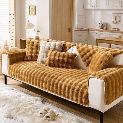 Faux Fur Couch Cover Fuzzy Soft Plush Thick Bubble Sofa Cover Luxury Sectional Couch Covers Luxury Anti-Slip Sofa Slipcover Washable Furniture Protector (Brown Yellow,28"x82")