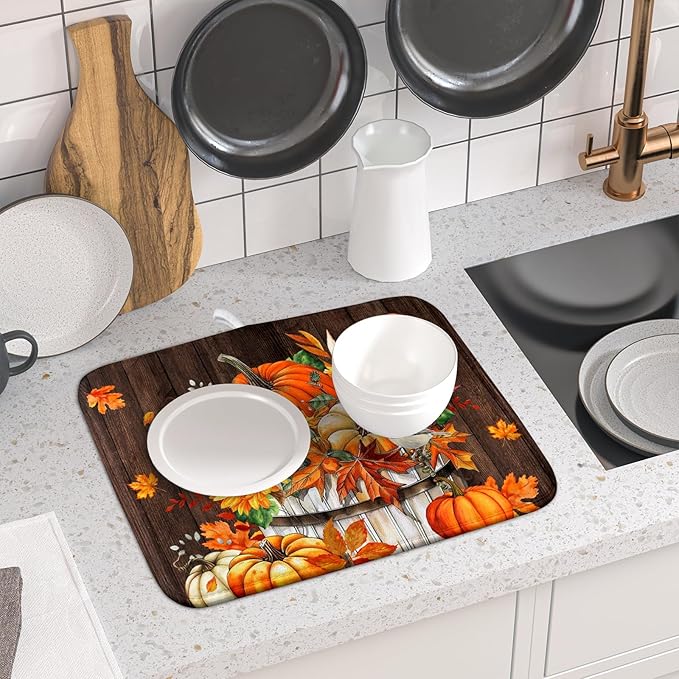 Fall Pumpkin Dish Drying Mat for Kitchen Counter Decor 16x18 Inch Halloween - Image 6