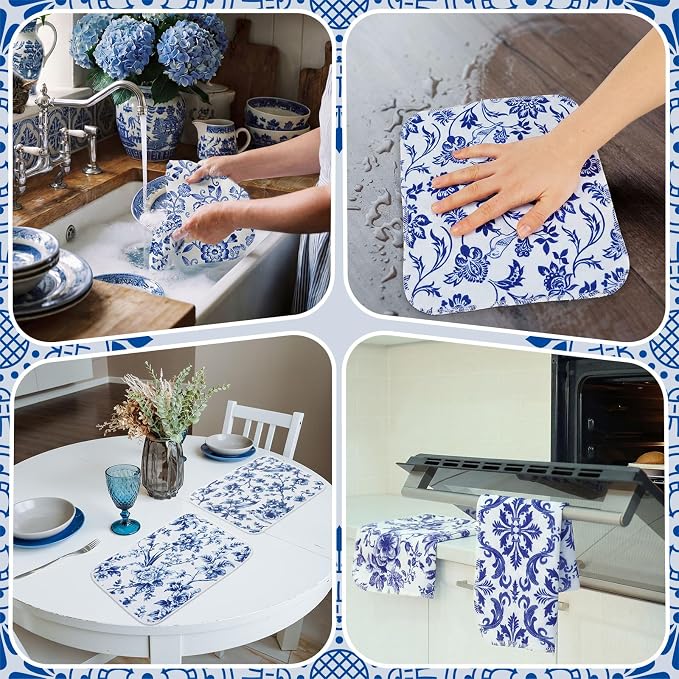 Tinlade 36 Pack Blue and White Floral Reusable Cleaning Cloths Washable Kitchen - Image 9