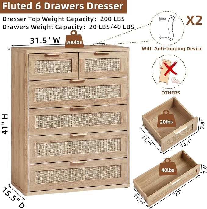LEYAOYAO Rattan Dresser for Bedroom, Modern 6 Drawers Boho Dressers - Image 3