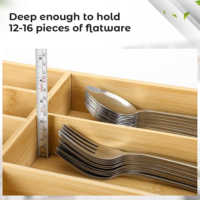 Fabsome Silverware Organizer for Kitchen Drawers, 2.5'' Deep 18.8'' Wide Bamboo - Image 3