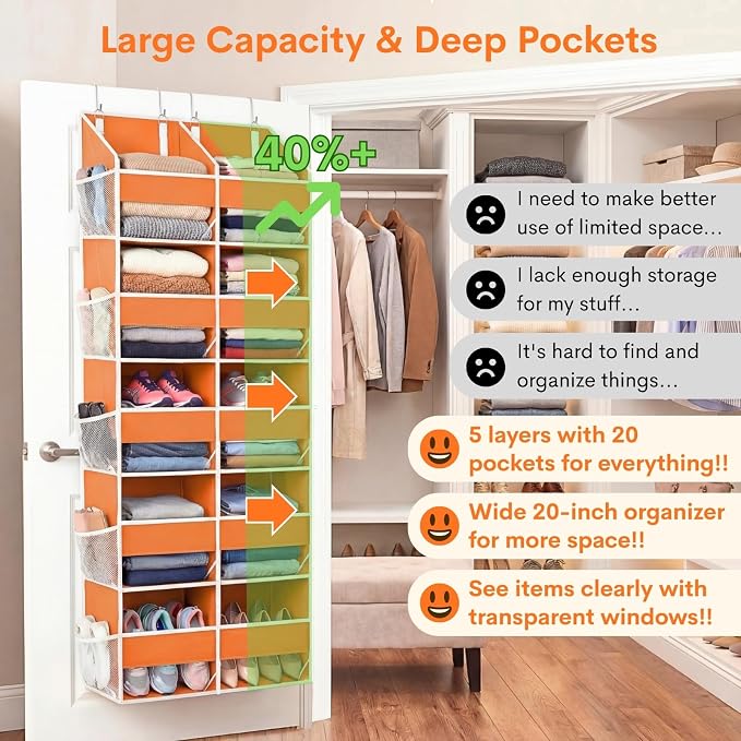 Over The Door Organizer 5 Tiers, Extra Large Behind Door Storage of 10 - Image 2