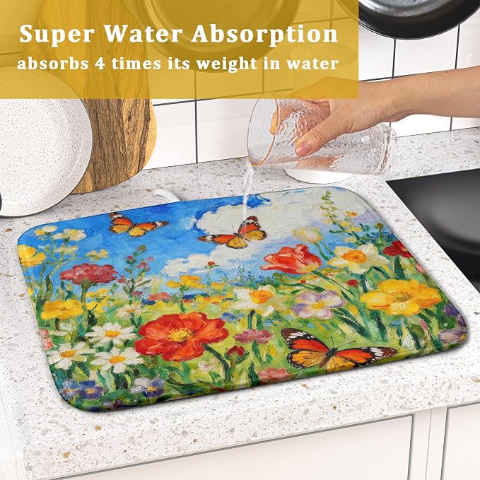 Floral Dish Drying Mat for Kitchen Counter 16x18 Spring Summer Theme Colorful - Image 7