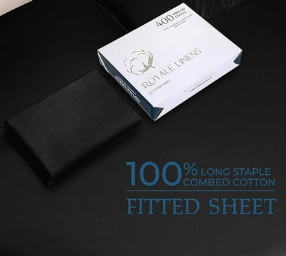 Royale Linens 400 Thread Count 100% American Grown Cotton Fitted Sheet Queen Size - All Around Elastic Fitted Sheet - Luxury Sateen Weave - Snug Fit Bottom Sheets Fit Up to 16" (Queen,Night Black)