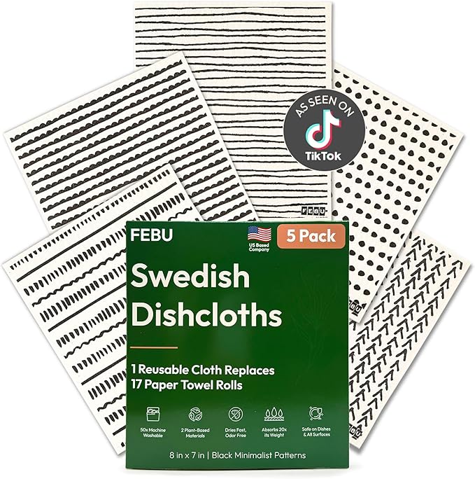 FEBU Swedish Dishcloths for Kitchen | 5 Pack Black Minimalist Reusable Paper by FEBU