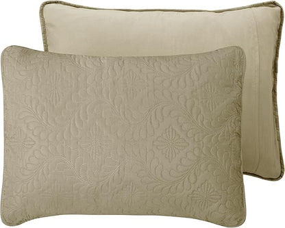 Easy-Going Twin Size Reversible Quilt Set with 1 Quilt and 1 Pillow Sham, Soft Bed Quilt Cover, Water Resistant Lightweight Microfiber Bedspread, Stain Resistant, Olive Leaf-Beige/Beige