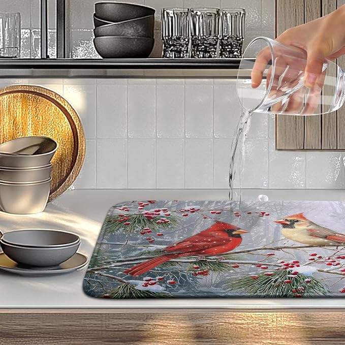 Winter Cardinal Birds Dish Drying Mats Christmas Snowflake Dish Mat Kitchen - Image 5