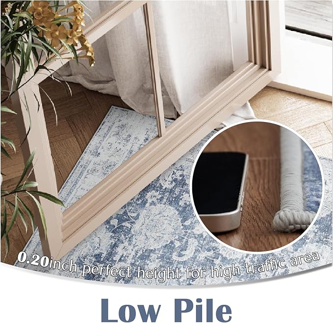 jinchan Fiora Runner Rug 2x6 Washable Hallway Runner - Vintage Floral Non Slip Low-Pile Soft Thin Kitchen Rug Distressed Carpet for Farmhouse Bedroom Entryway Laundry Room(2x6ft, Dark Blue)