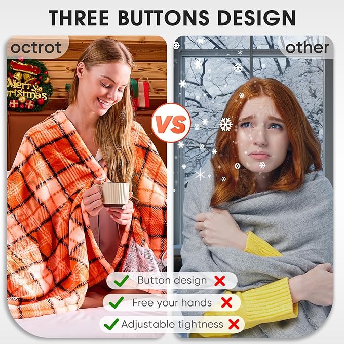 OCTROT Heated Electric Blanket Queen Size, 84X90 Heating Blanket Queen with Dual Control&10 Heats Levels&Timer for Bed,Orange Plaid Sherpa Blankets Warmer Gift for Grandma Women Halloween Home Decor