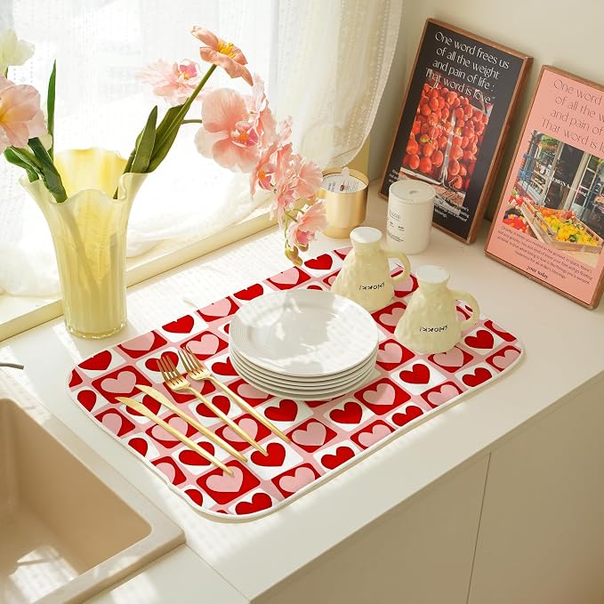 Valentines Day Dish Drying Mats 18x24 Inch Pink Red Heart Plaid Drying Mats - Image 6