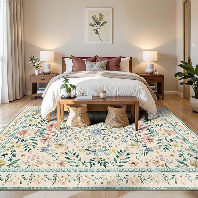 Floral Rug for Living Room Bedroom, 6x9 Washable Rug, Vintage Boho Style - Image 2