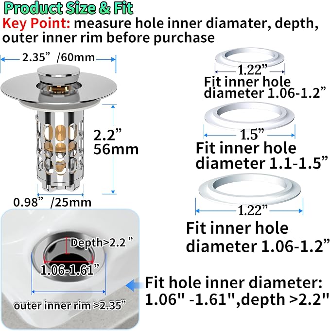 Bathroom Sink Stopper Drain Hair Catcher, 3 in 1 Bathroom Sink Drain Strainer - Image 6
