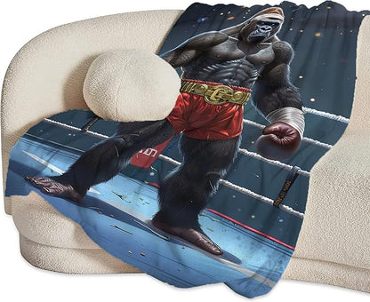 Gorilla Boxing Throw Blanket - Funny Boxing Gifts and Decor - Soft, Warm, Cozy Fleece Blanket for Men, Women, Boys, Girls - 50"x40"