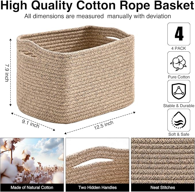 Small Storage Baskets for Shelves Organizing, Woven Cotton Rope Baskets for - Image 3