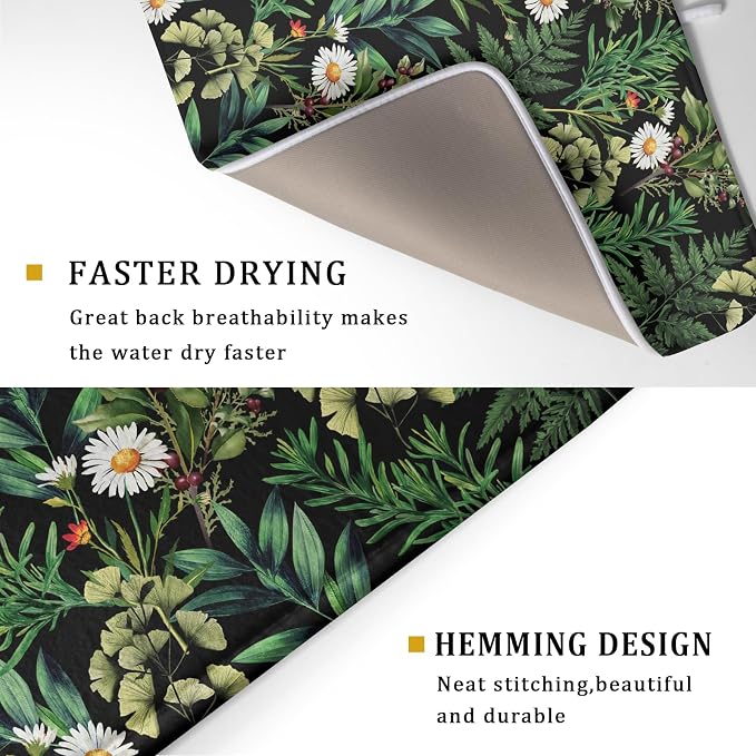 Green Botanical Dish Drying Mat 18x24 Inch Plant Leaf Fast Dry Dish Drainer - Image 3