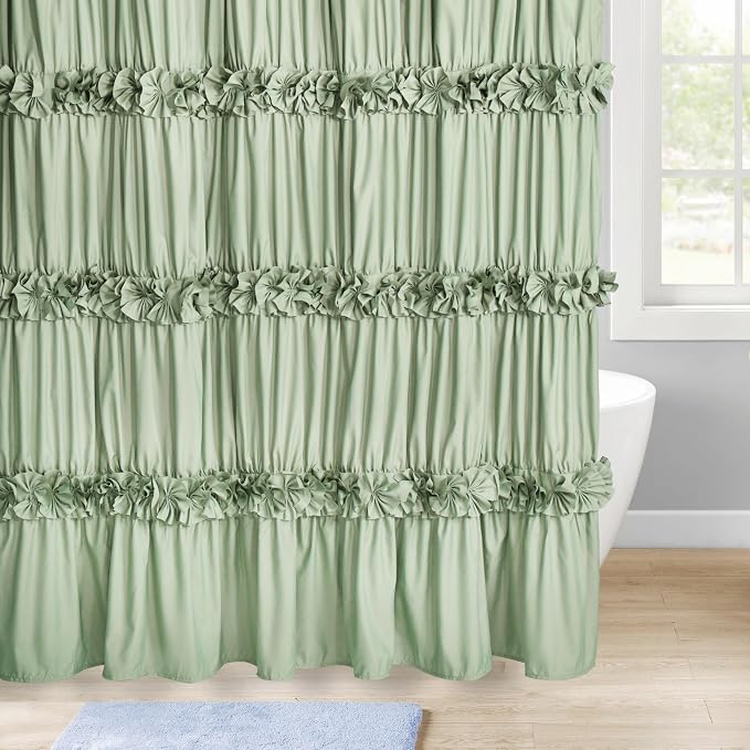 Sage Ruffle Shower Curtain, Vintage Handcrafted Bow Tie Bath Curtain - Image 8