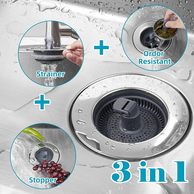 Hibbent 3 in 1 Kitchen Sink Drain Strainer, Stainless Steel Wrapped Shell Drain - Image 5
