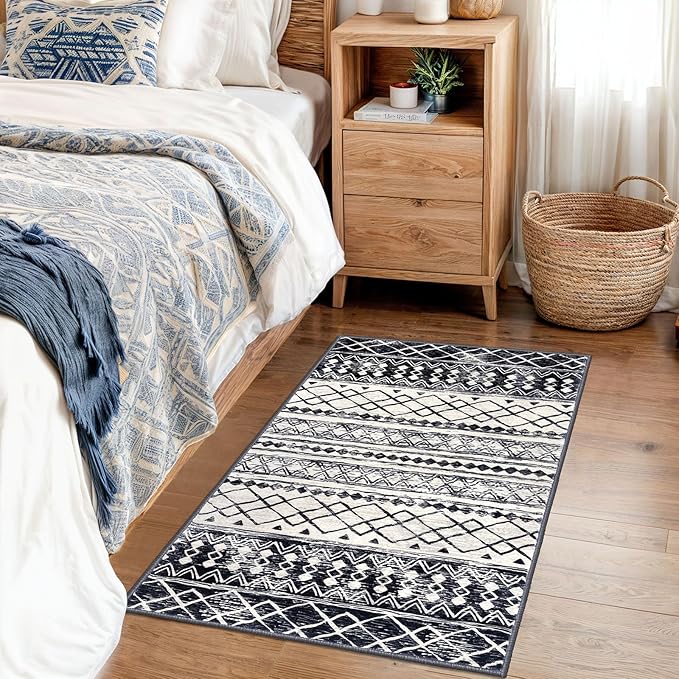 KUTA Moroccan Area Rugs 2x3, Black Navy Blue Entryway Rug Non-Slip Washable Small Indoor Door Mat, Ultra Soft Print Vintage Geometric Low-Pile Floor Carpet for Entrance, Kitchen