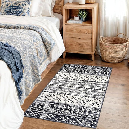 KUTA Moroccan Area Rugs 2x3, Black Navy Blue Entryway Rug Non-Slip Washable Small Indoor Door Mat, Ultra Soft Print Vintage Geometric Low-Pile Floor Carpet for Entrance, Kitchen