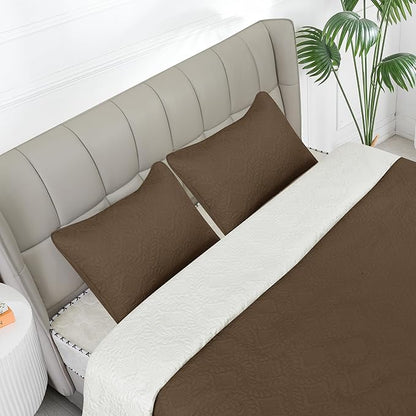 Easy-Going King Size Reversible Quilt Set with 1 Quilt and 2 Pillow Shams, Soft Bed Quilt Cover, Water Resistant Lightweight Microfiber Bedspread, Stain Resistant, Olive Leaf-Camel/Ivory