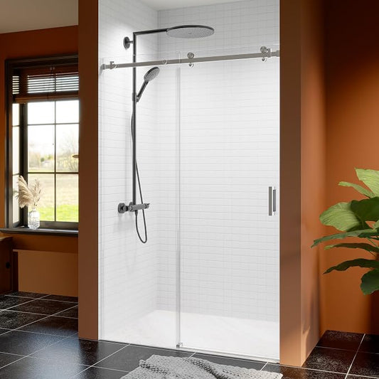 46-48 Inch Frameless Sliding Shower Door, 5/16" Clear Tempered Glass, Smooth by EZONTEQ
