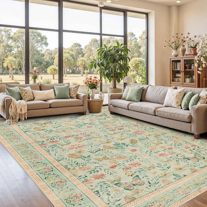Floral Rug for Living Room Bedroom, 8x10 Washable Rug, Large Non Slip Low Pile - Image 2