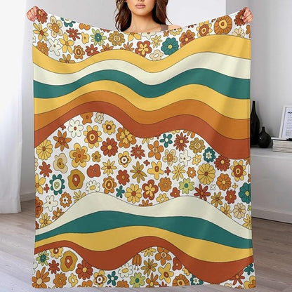 70s Retro Floral Throw Blanket, Boho Groovy Wavy Geometric Hippie Cute Flowers Yellow Orange Abstract Print Blanket for Holiday Theme Home Decor Bedding Couch and Gift 30"x40"