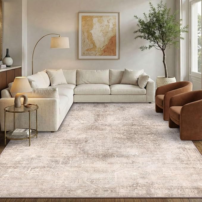 Vintage 8x10 Beige Brown Rug for Living Room, Washable Large Neutral Area Rugs - Image 4