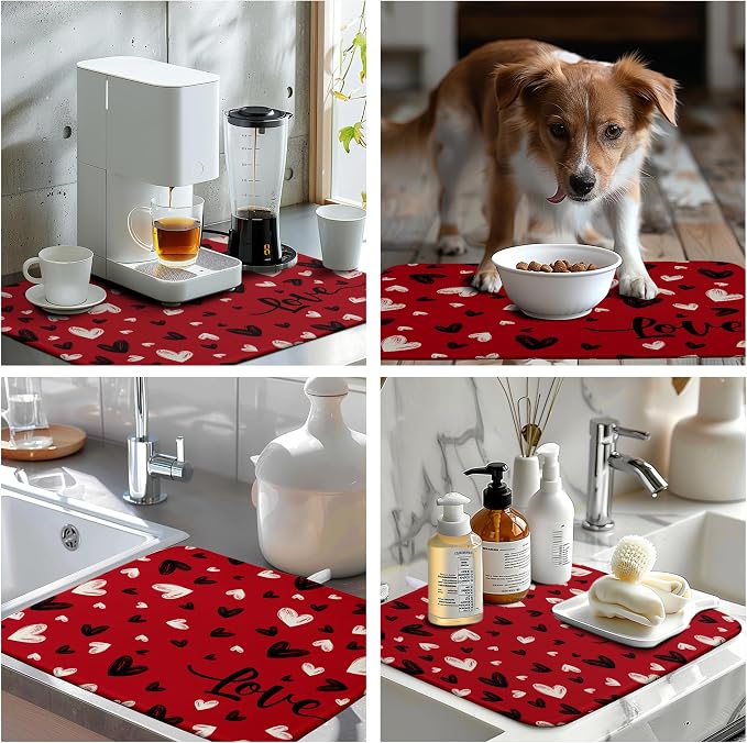 Valentines Day Dish Drying Mat Red Black Love Heart Valentine Kitchen Dish - Image 7