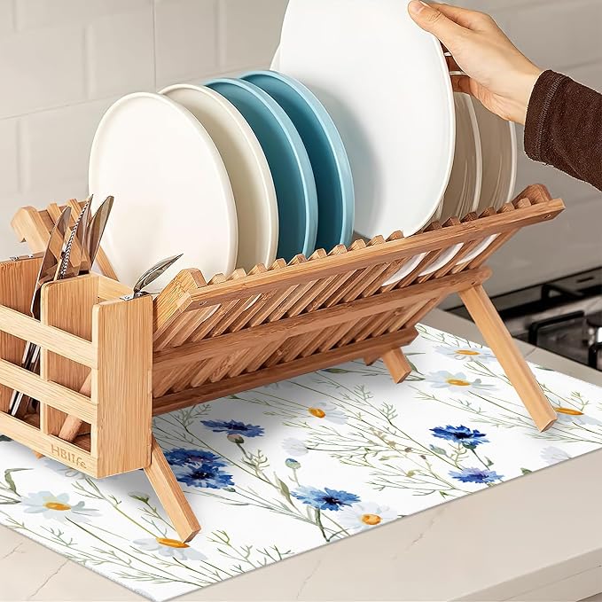 Wildflowers Dish Drying Mat, Watercolor Poppy Cornflower Drying Rack Pad - Image 7