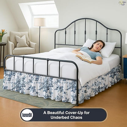 Cottington Lane Ruffled Bed Skirt Twin Size with Split Corner, Brushed Microfiber Hotel Quality Dust Ruffle, 21 Inch Drop Gathered Bedskirt, Soft, Stylish, Shrink & Fade Resistant, Blue Floral Bliss