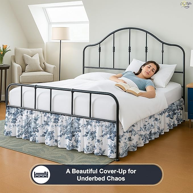 Cottington Lane Ruffled Bed Skirt Twin Size with Split Corner, Brushed Microfiber Hotel Quality Dust Ruffle, 16 Inch Drop Gathered Bedskirt, Soft, Stylish, Shrink & Fade Resistant, Blue Floral Bliss