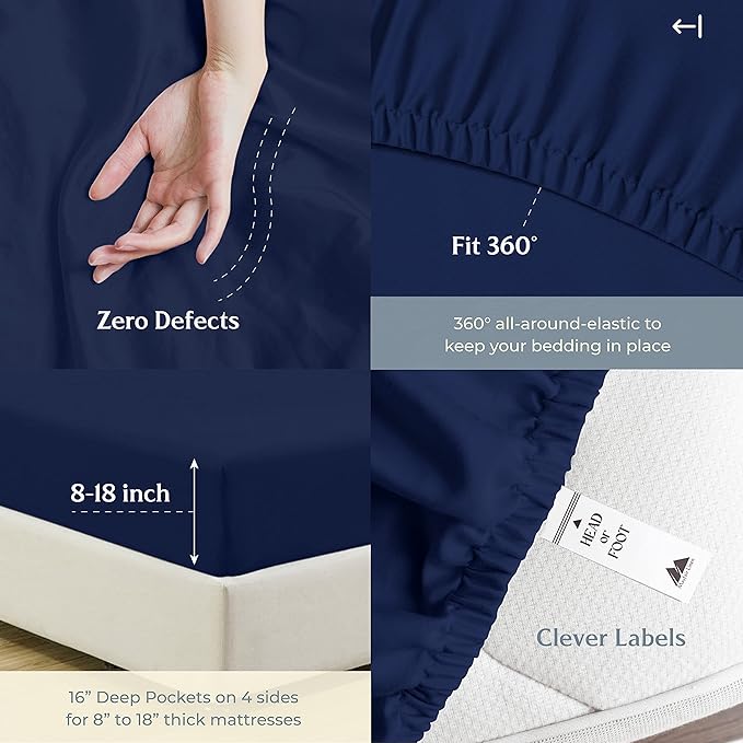 Mayfair Linen 100% Cotton Bed Sheets Queen Set - 500 Thread Count Cotton Sheets for Queen Size Bed, 4 PC Set (Navy Blue), Ultra Soft, Cooling, Sateen Weave 16" Deep Pocket Bedsheet for Hot Sleepers