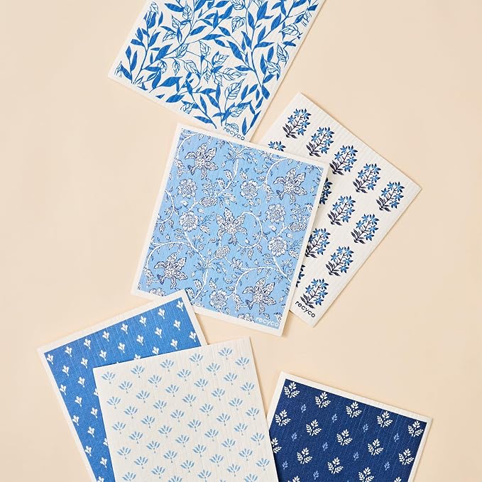 RECYCO Swedish Dishcloths for Kitchen | 6 Pack Heritage Florals Blue Washable - Image 2
