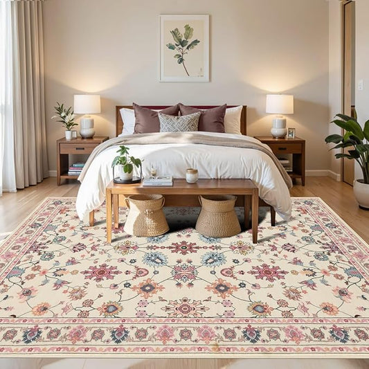Pink Rug for Living Room Bedroom, Floral 6x9 Washable Rug, Vintage Boho Area Rug - Image 2