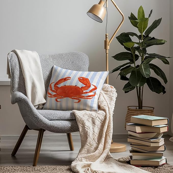Coastal Red Crab Pillow Covers 18x18, Blue and White Striped Coastal Nautical Crab Throw Pillow Covers for Bedroom Beach House Home, Preppy Beach Room Decor