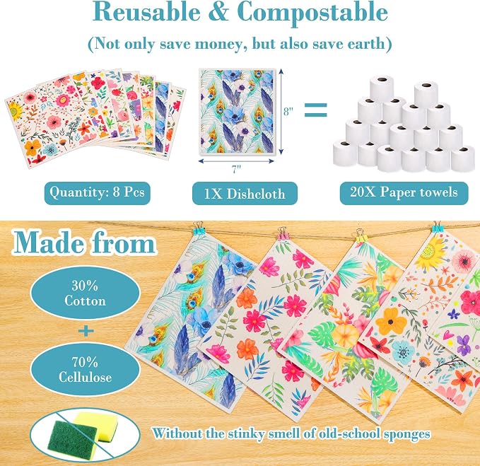 Lucomb Swedish Dishcloths for Kitchen Dishes, 8 Pack Reusable Cleaning Cloths - Image 2