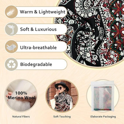 DANA XU 100% Merino Wool Extra Large Pashmina Blanket Travel Scarf Cashmere Wrap for Women Fall Winter Oversize Shawl Floral