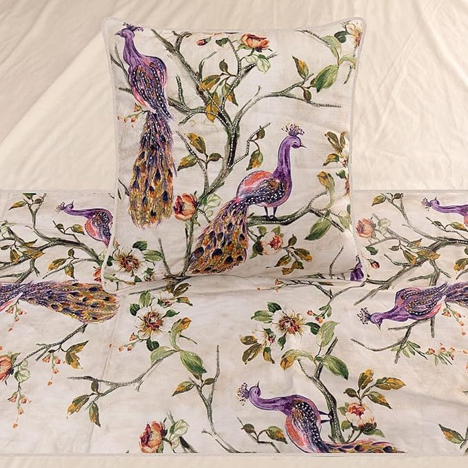The HomeCentric King Queen Twin Ivory & Multicolor Decorative King 90"x18" Bed Runner Without Pillow Cover, Peacock Bed Scarf on Cotton Printed with Beads Fabric - Peacock Queen