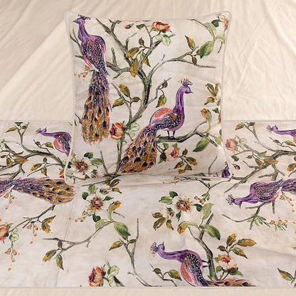 The HomeCentric King Queen Twin Ivory & Multicolor Decorative King 90"x18" Bed Runner Without Pillow Cover, Peacock Bed Scarf on Cotton Printed with Beads Fabric - Peacock Queen
