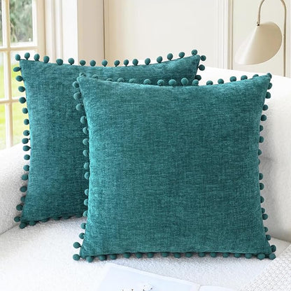 CaliTime Throw Pillow Covers Decorative 22 X 22 Inches Pack of 2 Cozy Solid Dyed Soft Chenille Cushion Cases with Pom Poms for Couch Sofa Bed Living Room Home Teal