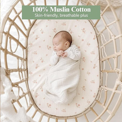 Baby Bassinet Sheets 3 Pack for Boys & Girls, Soft Breathable Muslin Cotton Bassinet Mattress Cover, Universal Fit for Hourglass, Oval, and Rectangle Mattress (Daisy Petal)